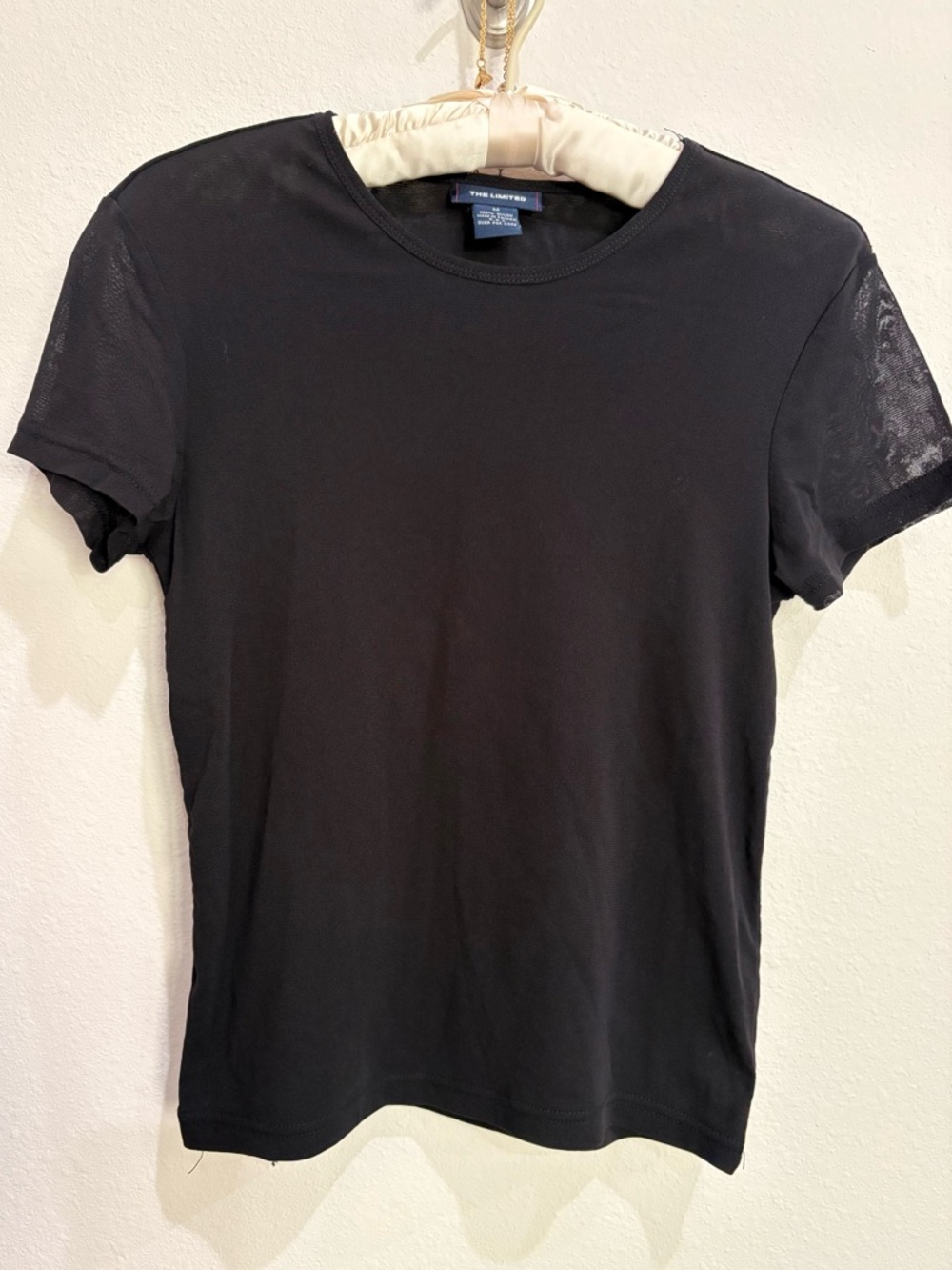 The Limited Black Mesh Sleeve Fitted Crew Neck Top Size M